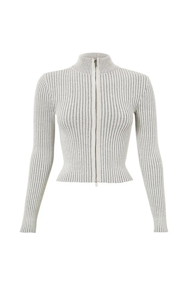 Clothing Supr Knitwear Marcie Mock Neck Zip Through Cardigan Dove Grey Two Tone
