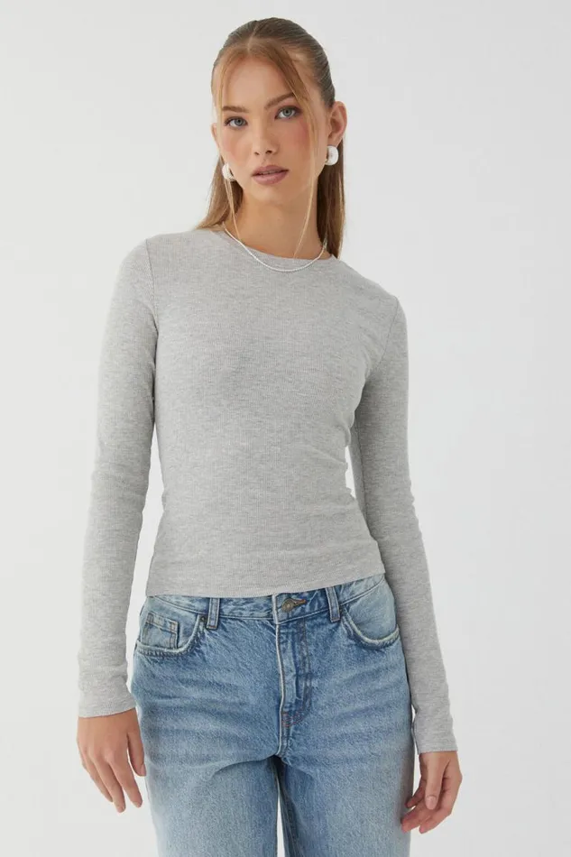 Clothing Supr Long Sleeve Tops Aspen Long Sleeve Rib Top Grey Marle