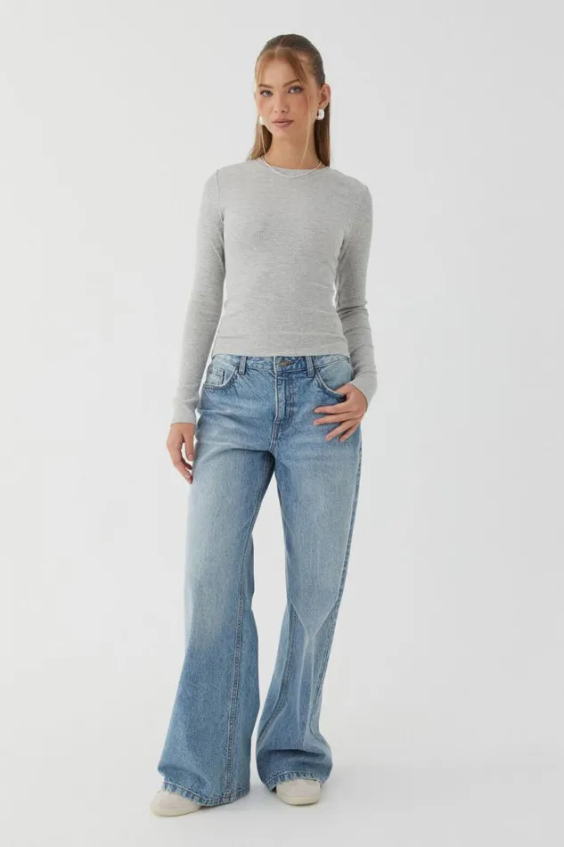 Clothing Supr Long Sleeve Tops Aspen Long Sleeve Rib Top Grey Marle