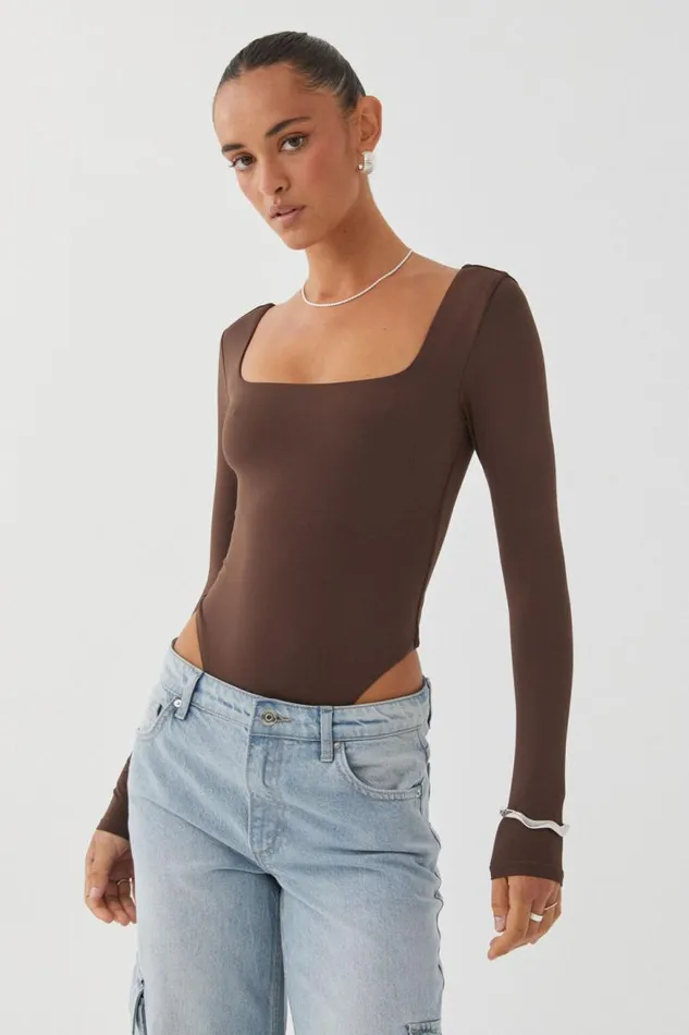 Clothing Supr Luxe Essentials Luxe Square Neck Long Sleeve Bodysuit Espresso Brown