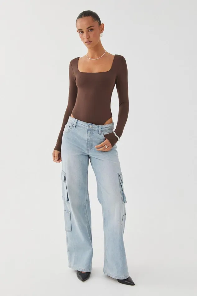 Clothing Supr Luxe Essentials Luxe Square Neck Long Sleeve Bodysuit Espresso Brown