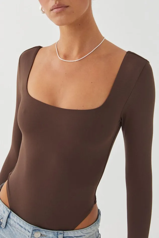 Clothing Supr Luxe Essentials Luxe Square Neck Long Sleeve Bodysuit Espresso Brown