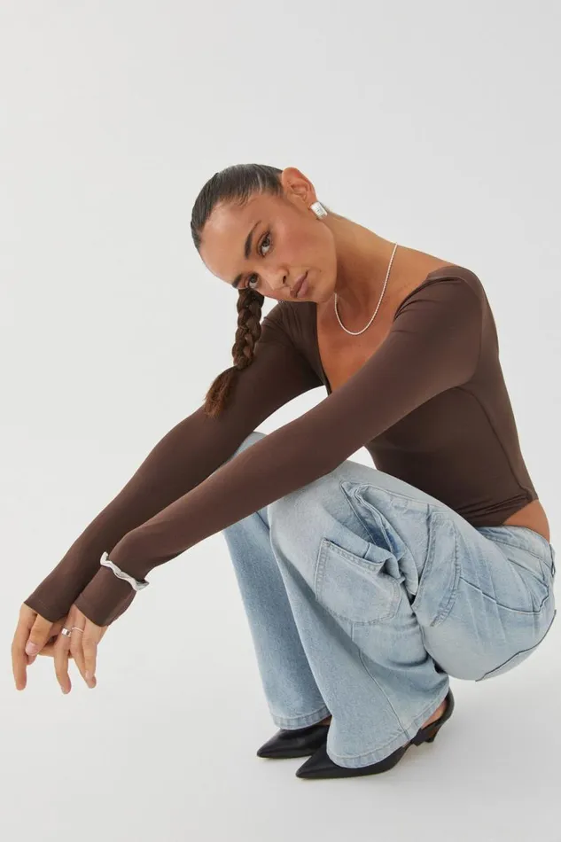 Clothing Supr Luxe Essentials Luxe Square Neck Long Sleeve Bodysuit Espresso Brown