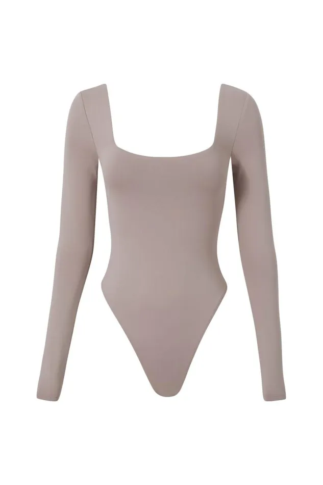 Clothing Supr Luxe Essentials Luxe Square Neck Long Sleeve Bodysuit Toffee Taupe