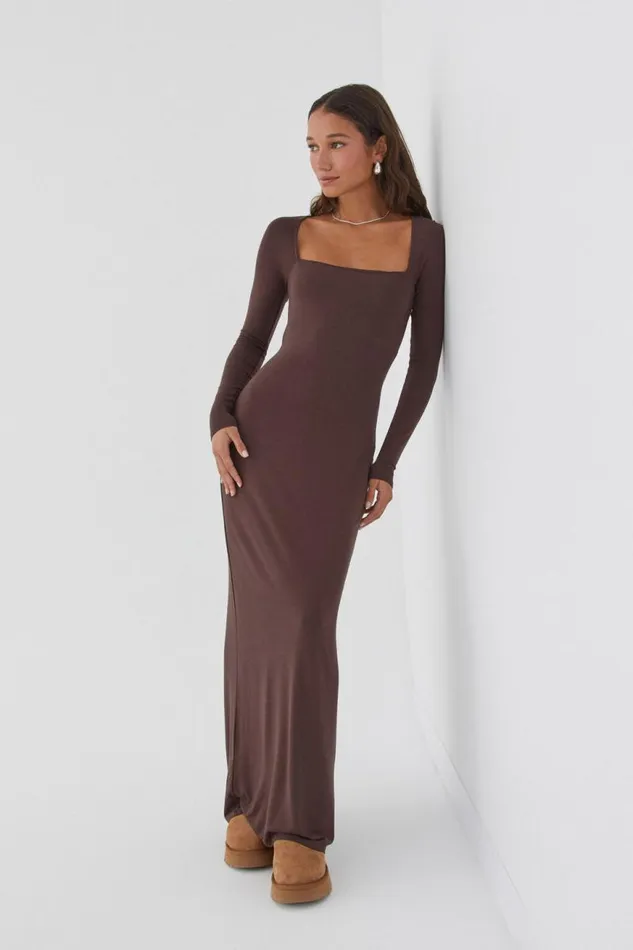 Clothing Supr Maxi Dresses Soft Long Sleeve Maxi Dress Espresso Brown