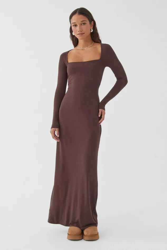 Clothing Supr Maxi Dresses Soft Long Sleeve Maxi Dress Espresso Brown