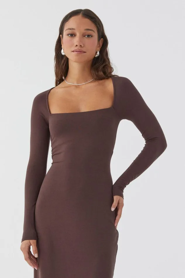 Clothing Supr Maxi Dresses Soft Long Sleeve Maxi Dress Espresso Brown