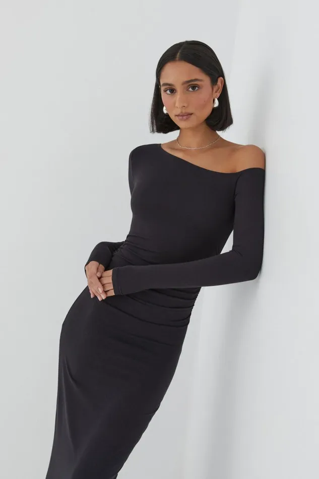 Clothing Supr Maxi Dresses Soft Ruched Long Sleeve Maxi Dress Black