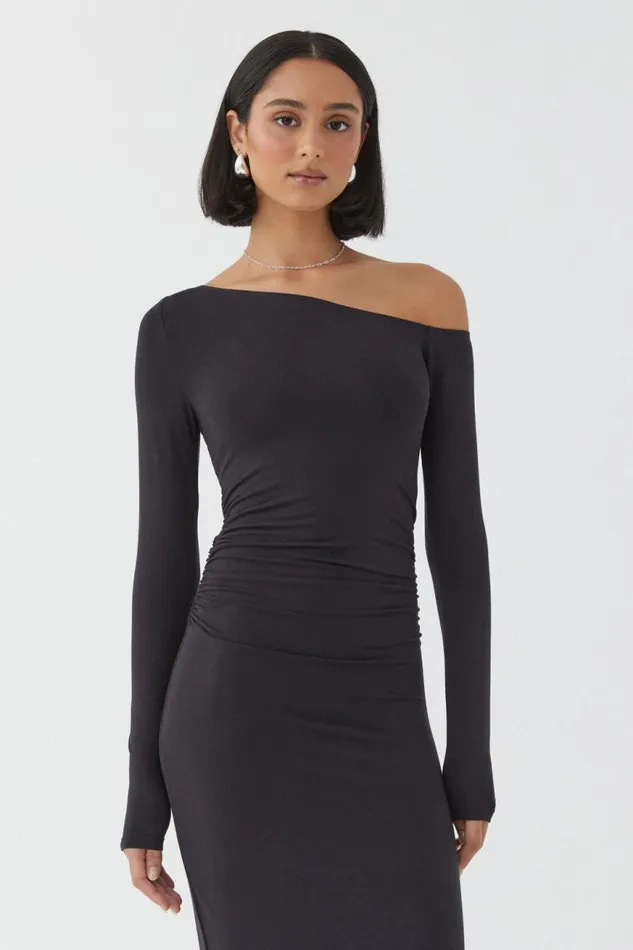 Clothing Supr Maxi Dresses Soft Ruched Long Sleeve Maxi Dress Black