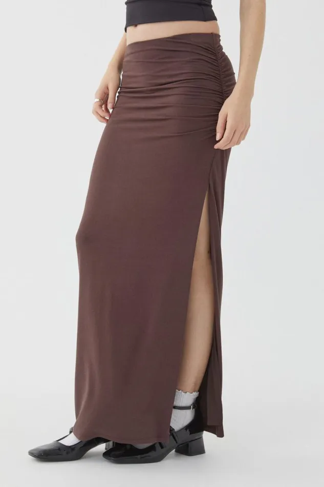 Clothing Supr Skirts Soft Ruched Split Maxi Skirt Espresso Brown