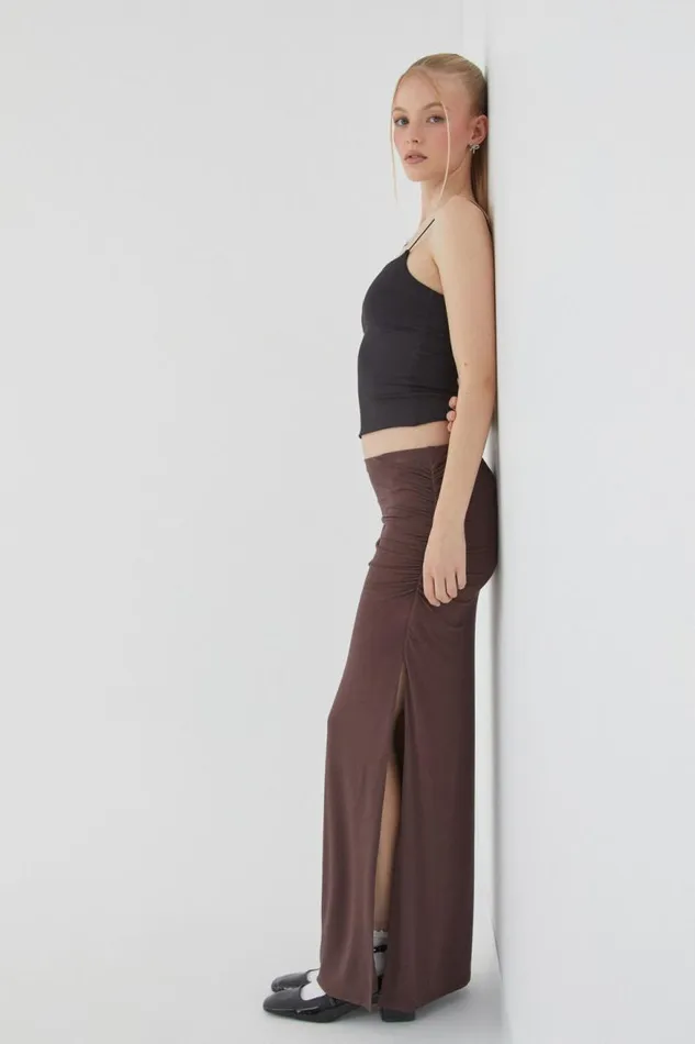 Clothing Supr Skirts Soft Ruched Split Maxi Skirt Espresso Brown