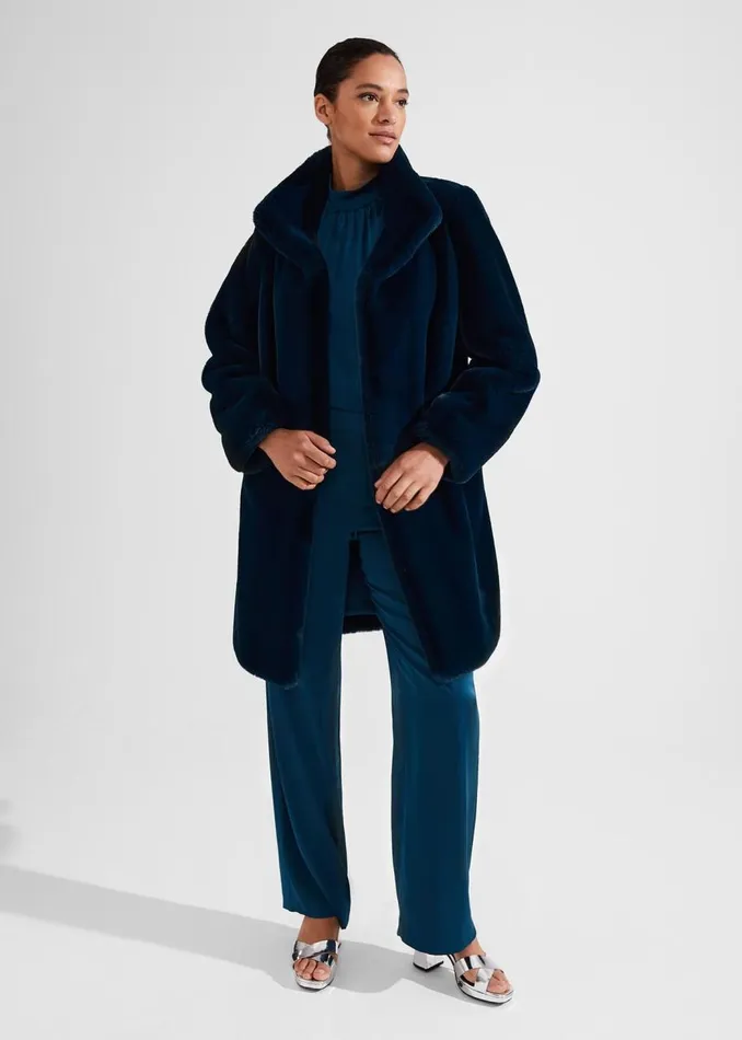 Coats and Jackets Women HOBBS Petite Maddox Faux Fur Coat Steel Blue