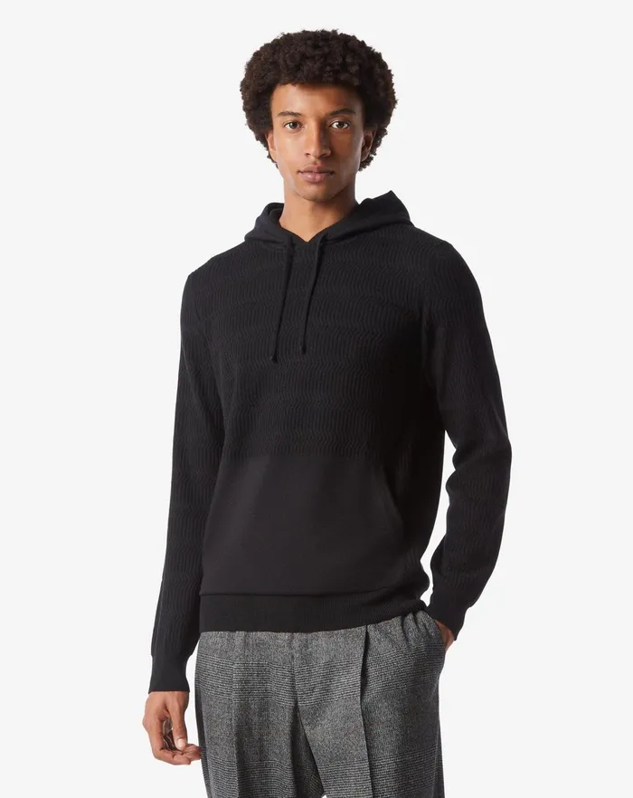 Corneliani Knitwear Black Ultralight Merino Wool Hoodie 8211 Men