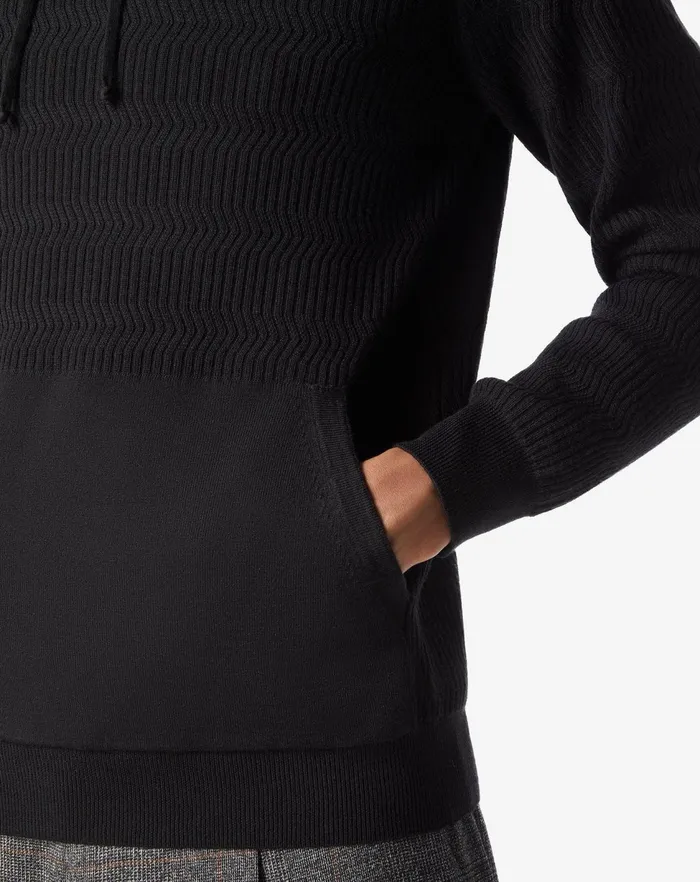 Corneliani Knitwear Black Ultralight Merino Wool Hoodie 8211 Men