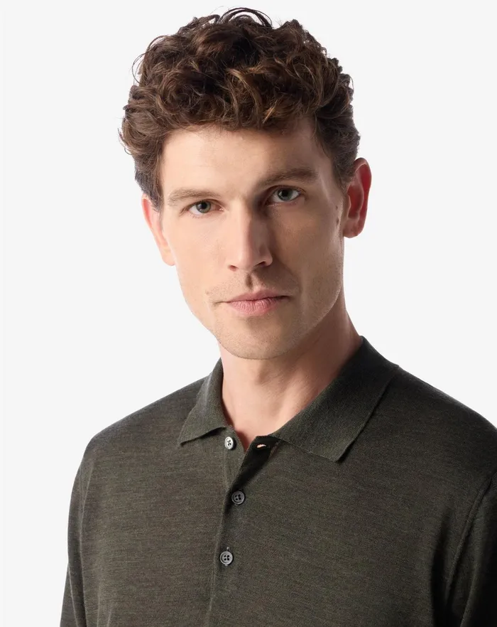 Corneliani Polos and TShirts Melange Army Green Extra Fine Wool Buttonup Polo Shirt 8211 Men
