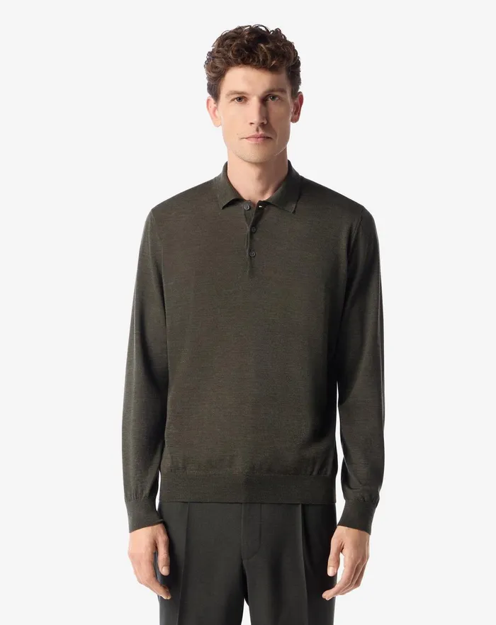 Corneliani Polos and TShirts Melange Army Green Extra Fine Wool Buttonup Polo Shirt 8211 Men