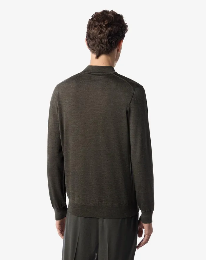 Corneliani Polos and TShirts Melange Army Green Extra Fine Wool Buttonup Polo Shirt 8211 Men