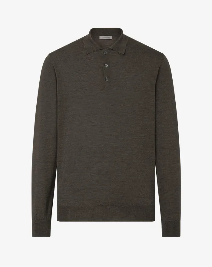 Corneliani Polos and TShirts Melange Army Green Extra Fine Wool Buttonup Polo Shirt 8211 Men
