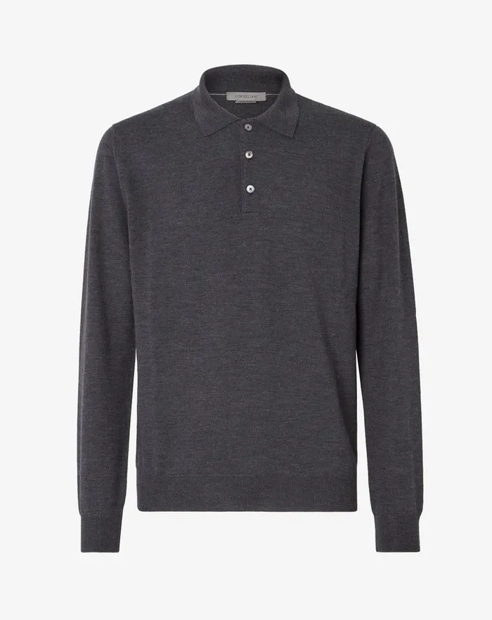 Corneliani Polos and TShirts Merino Wool Dark Melange Grey Polo 8211 Men