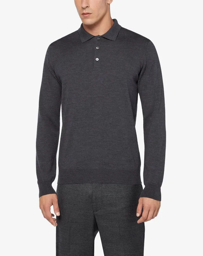 Corneliani Polos and TShirts Merino Wool Dark Melange Grey Polo 8211 Men