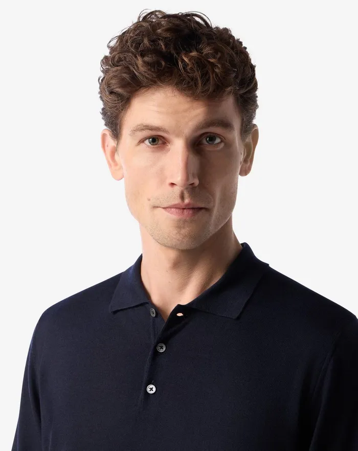 Corneliani Polos and TShirts Navy Blue Ultra Fine Wool Buttonup Polo Shirt For Men 8211 Men