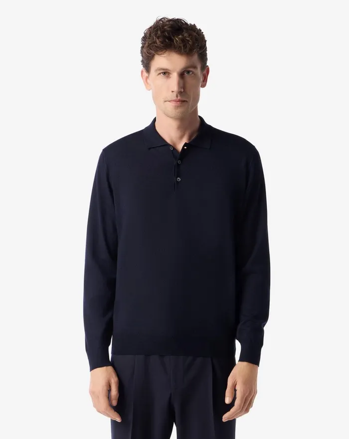 Corneliani Polos and TShirts Navy Blue Ultra Fine Wool Buttonup Polo Shirt For Men 8211 Men