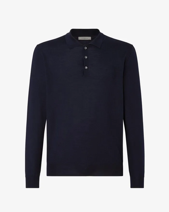 Corneliani Polos and TShirts Navy Blue Ultra Fine Wool Buttonup Polo Shirt For Men 8211 Men