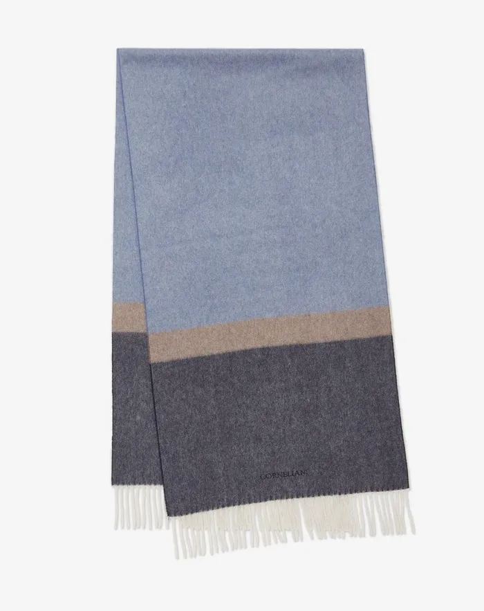 Corneliani Scarves And Hats Blue Cashmere Scarf With Colored Bands 8211 Men