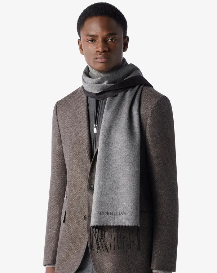 Corneliani Scarves And Hats Pearl Greyanthracite Silk And Cashmere Scarf For Men 8211 Men