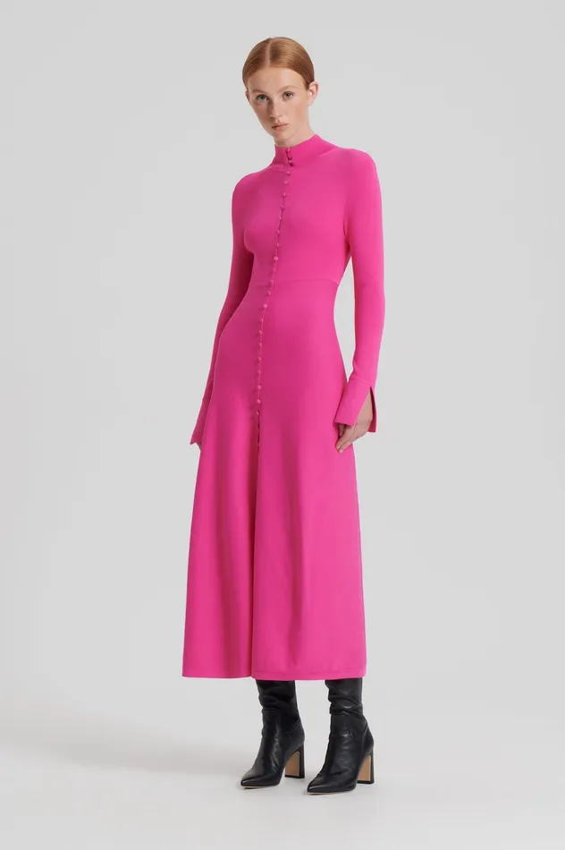 CREPE KNIT BUTTON POLO DRESS FUCHSIA Dresses Scanlan Theodore Women