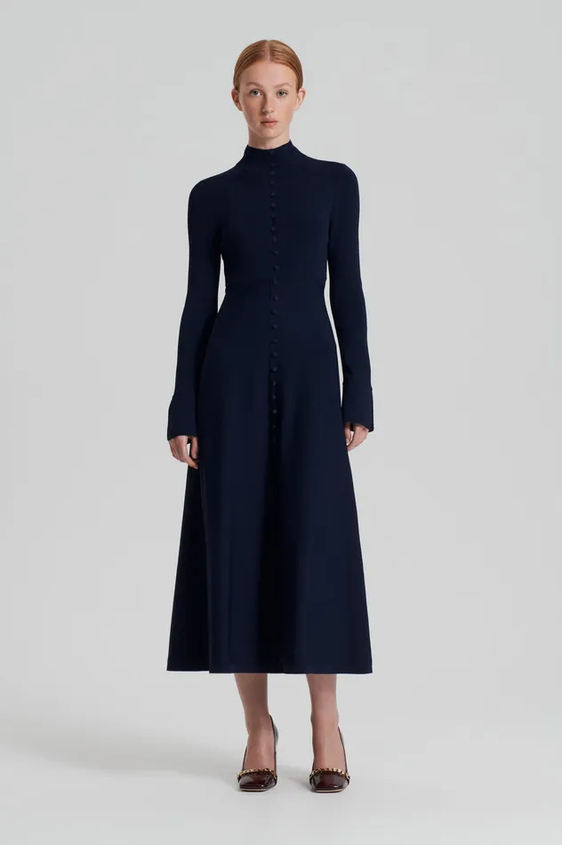 CREPE KNIT BUTTON POLO DRESS NAVY Dresses Scanlan Theodore Women