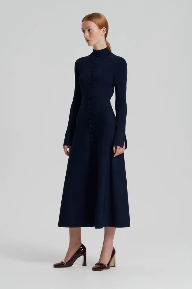 CREPE KNIT BUTTON POLO DRESS NAVY Dresses Scanlan Theodore Women