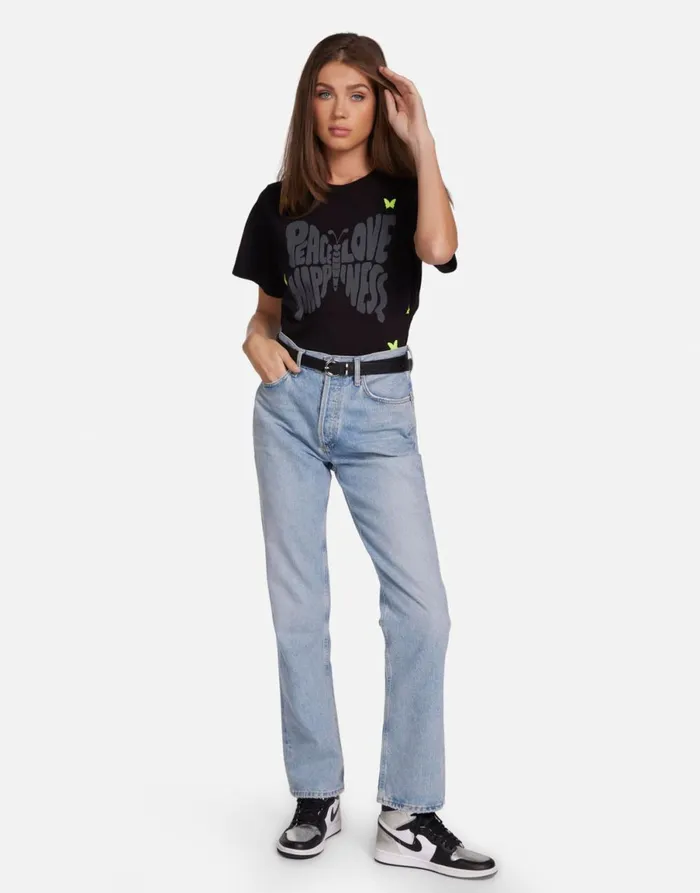Croft Neon Peace Love Butterflies Black Women039s Lauren Moshi Short Sleeve
