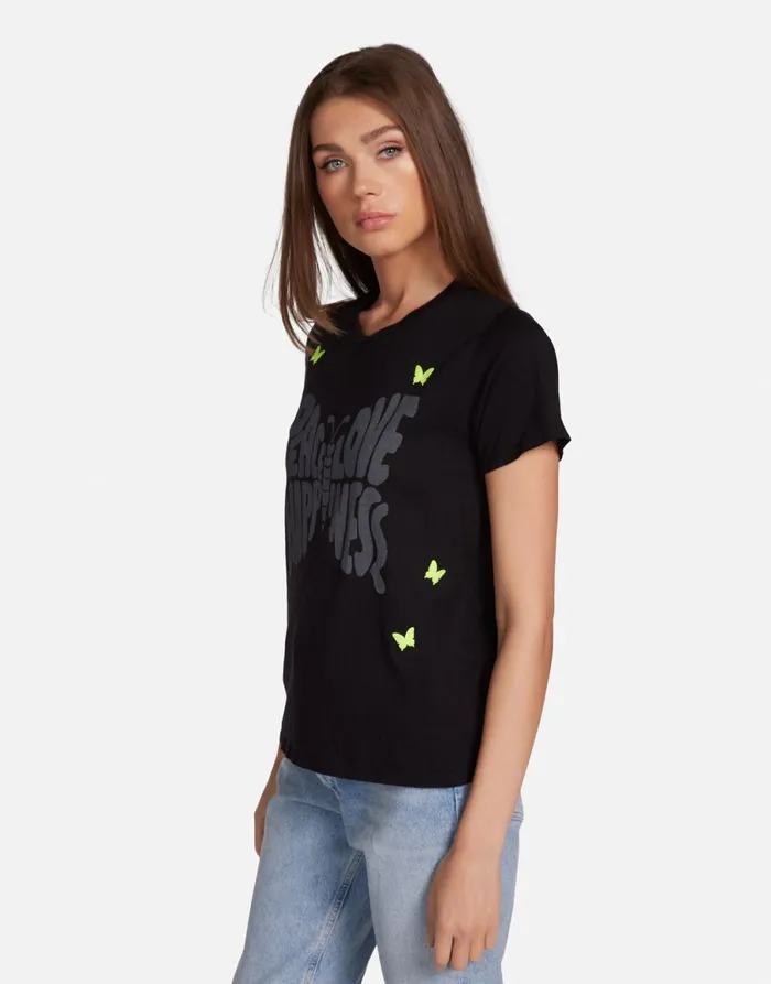 Croft Neon Peace Love Butterflies Black Women039s Lauren Moshi Short Sleeve