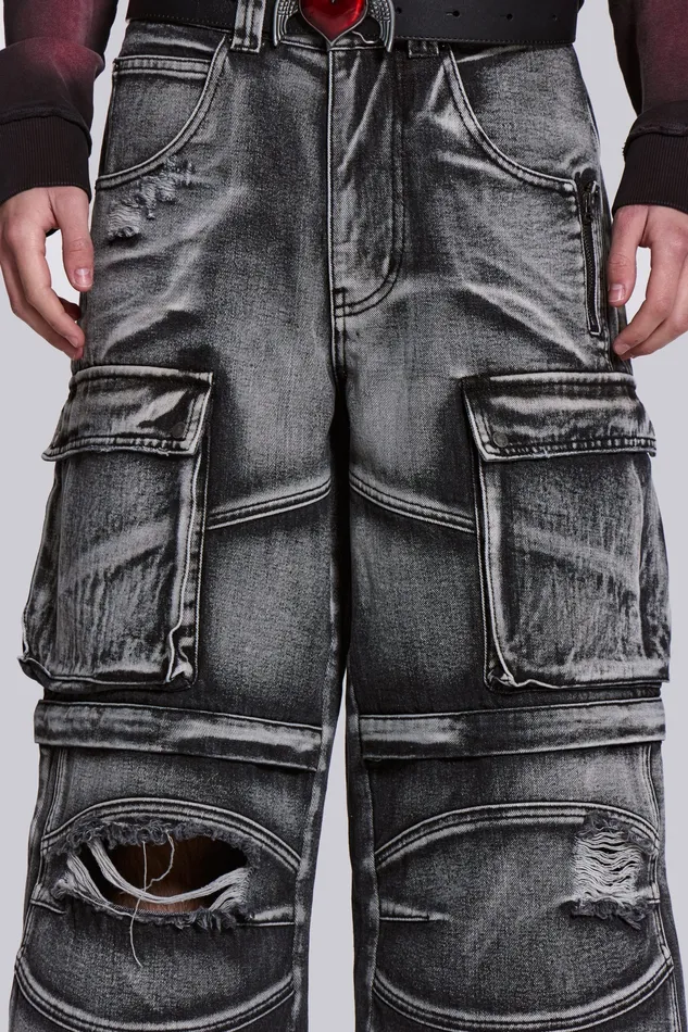 Denim Men Shop Washed Black Apex Denim Cargos Jaded London