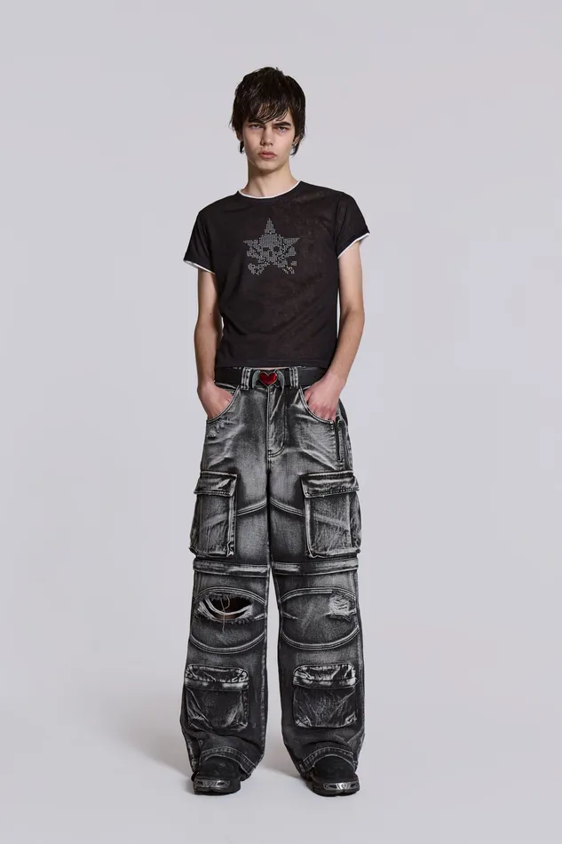 Denim Men Shop Washed Black Apex Denim Cargos Jaded London