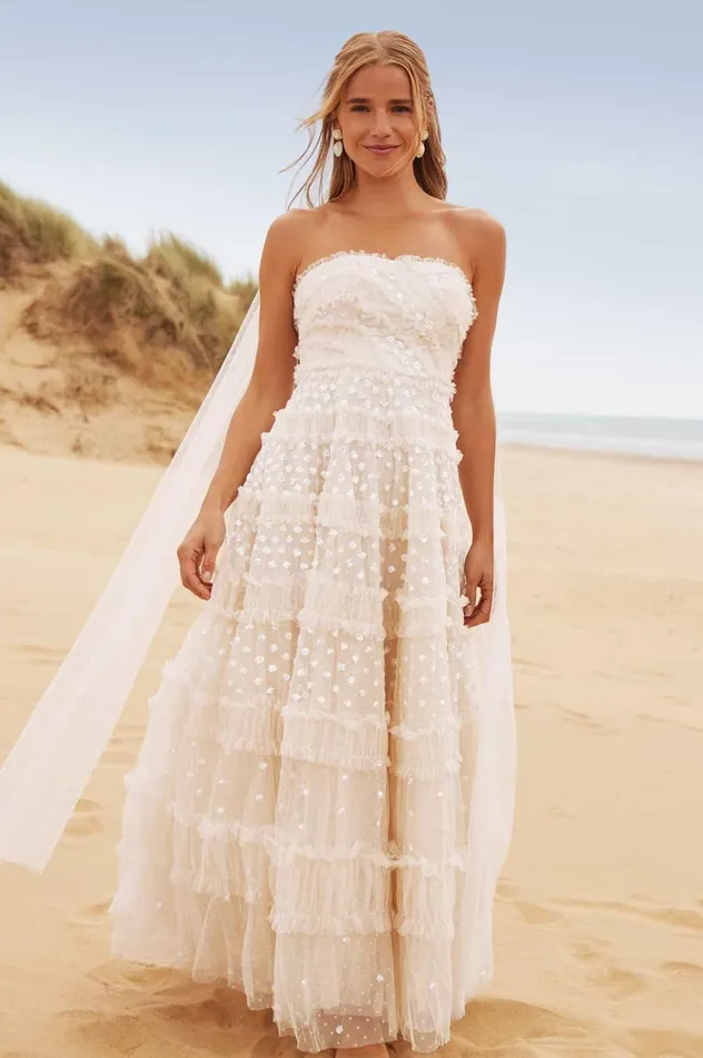 Dot Shimmer Tiered Strapless Ankle Gown Champagne Women Needle and Thread Dresses