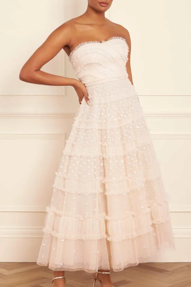 Dot Shimmer Tiered Strapless Ankle Gown Champagne Women Needle and Thread Dresses