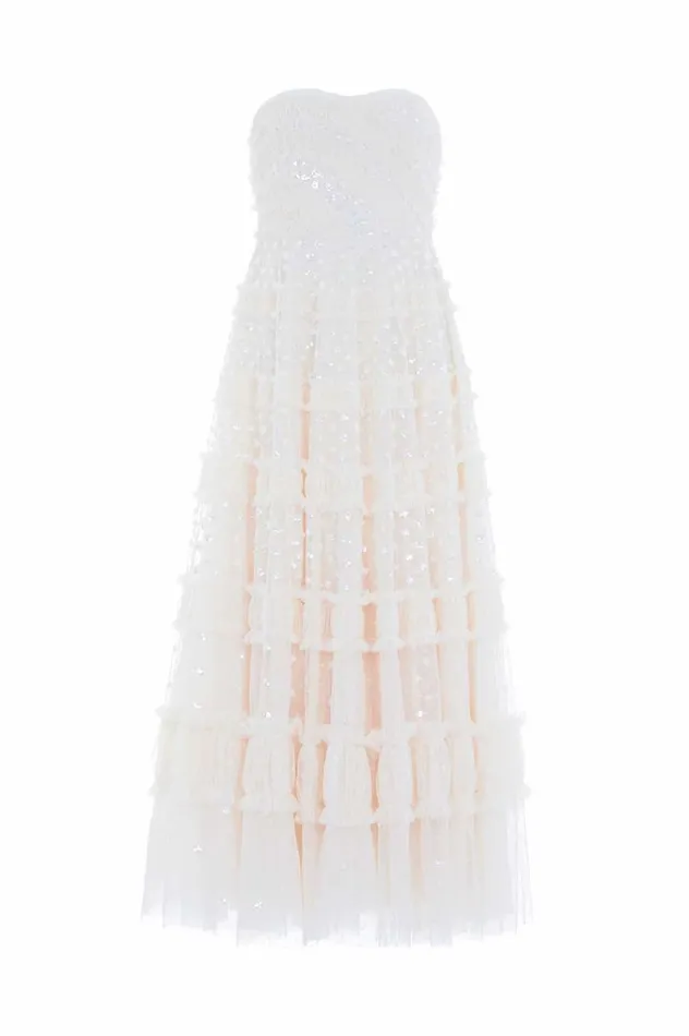 Dot Shimmer Tiered Strapless Ankle Gown Champagne Women Needle and Thread Dresses