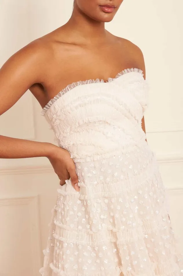 Dot Shimmer Tiered Strapless Ankle Gown Champagne Women Needle and Thread Dresses