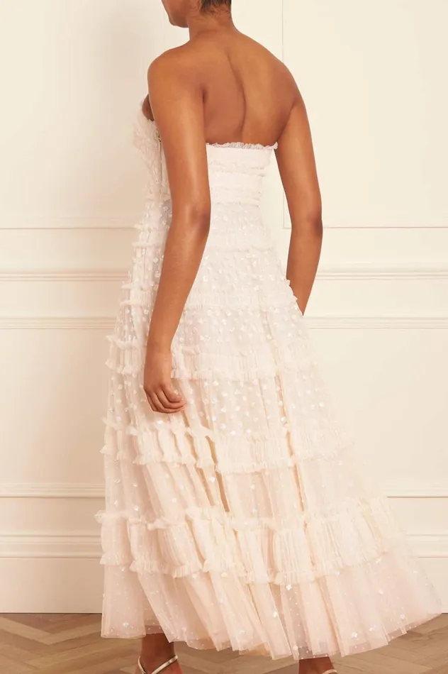 Dot Shimmer Tiered Strapless Ankle Gown Champagne Women Needle and Thread Dresses