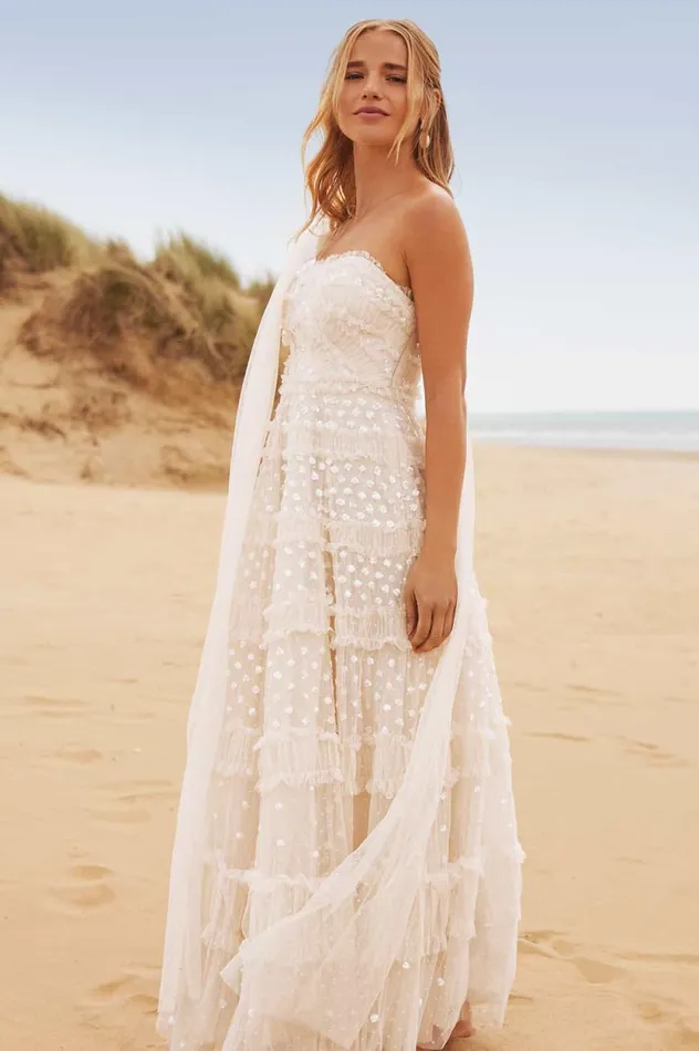 Dot Shimmer Tiered Strapless Ankle Gown Champagne Women Needle and Thread Dresses