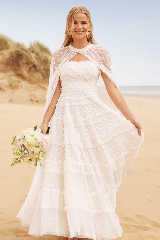 Dot Shimmer Tiered Strapless Ankle Gown Champagne Women Needle and Thread Dresses