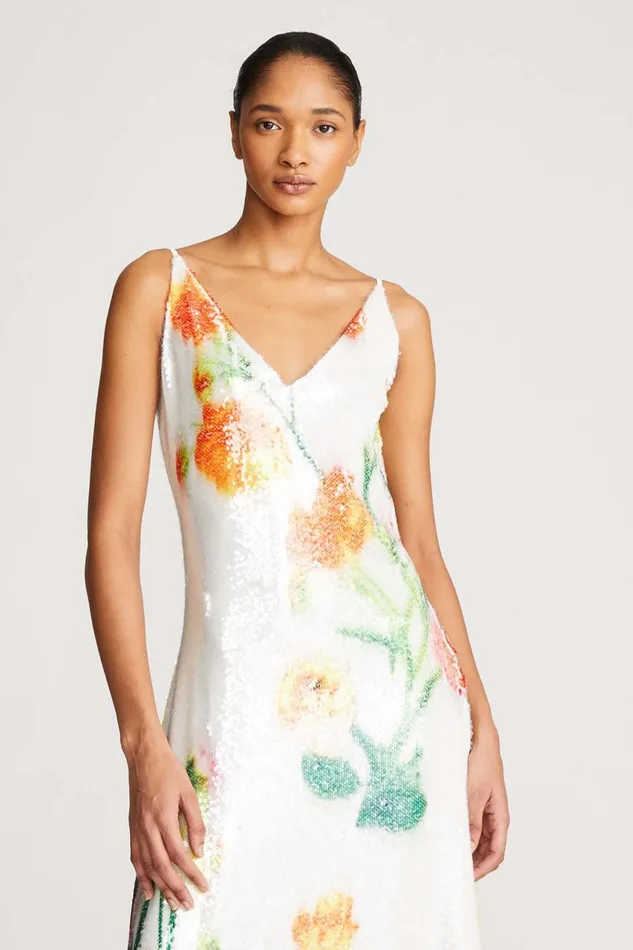 Dresses Women Halston Caralyn Dress In Floral Sequin Chalk Blurred Floral