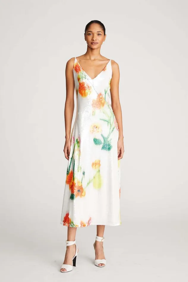 Dresses Women Halston Caralyn Dress In Floral Sequin Chalk Blurred Floral