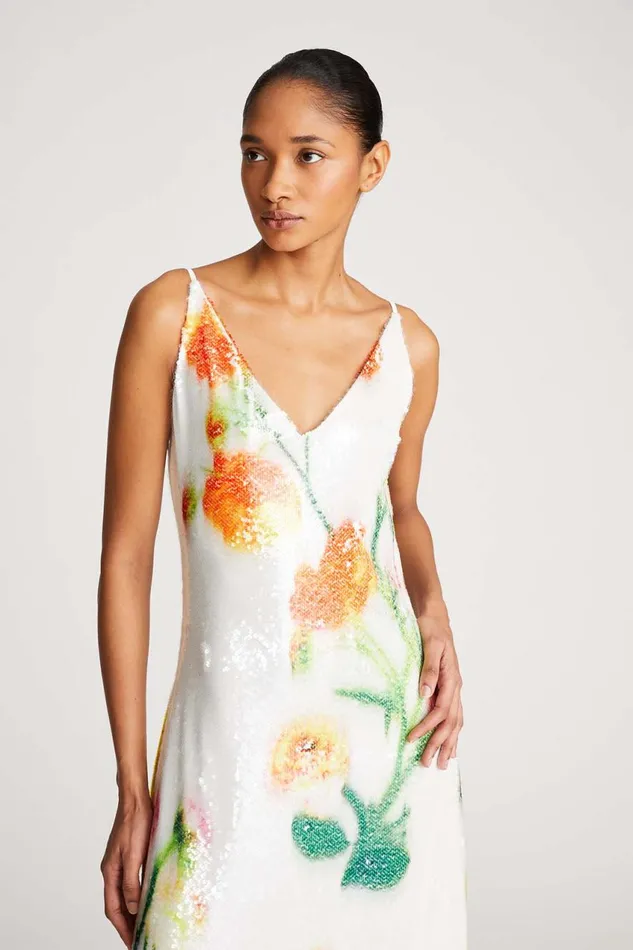 Dresses Women Halston Caralyn Dress In Floral Sequin Chalk Blurred Floral