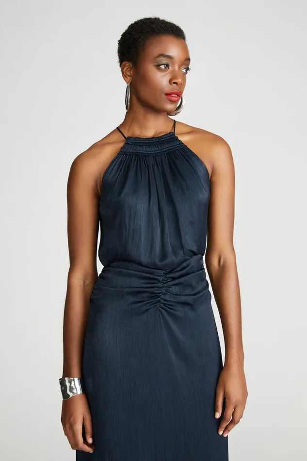 Dresses Women Halston Slub Micro Satin Gown Navy