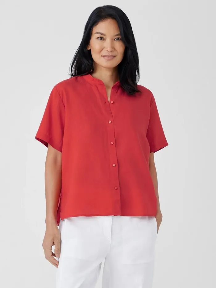 Eileen Fisher Tops and Tees Organic Handkerchief Linen Band Collar ShortSleeve Shirt Flame 8211 Shop