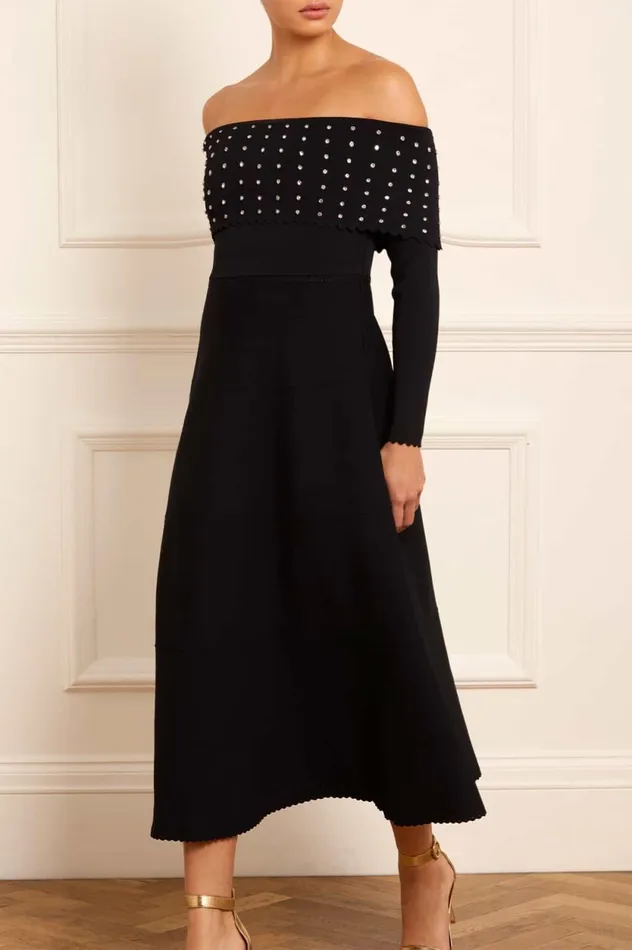 Embellished Bardot Knit Gown Black Women Needle and Thread Dresses