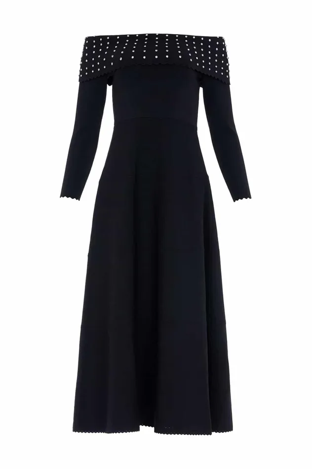 Embellished Bardot Knit Gown Black Women Needle and Thread Dresses